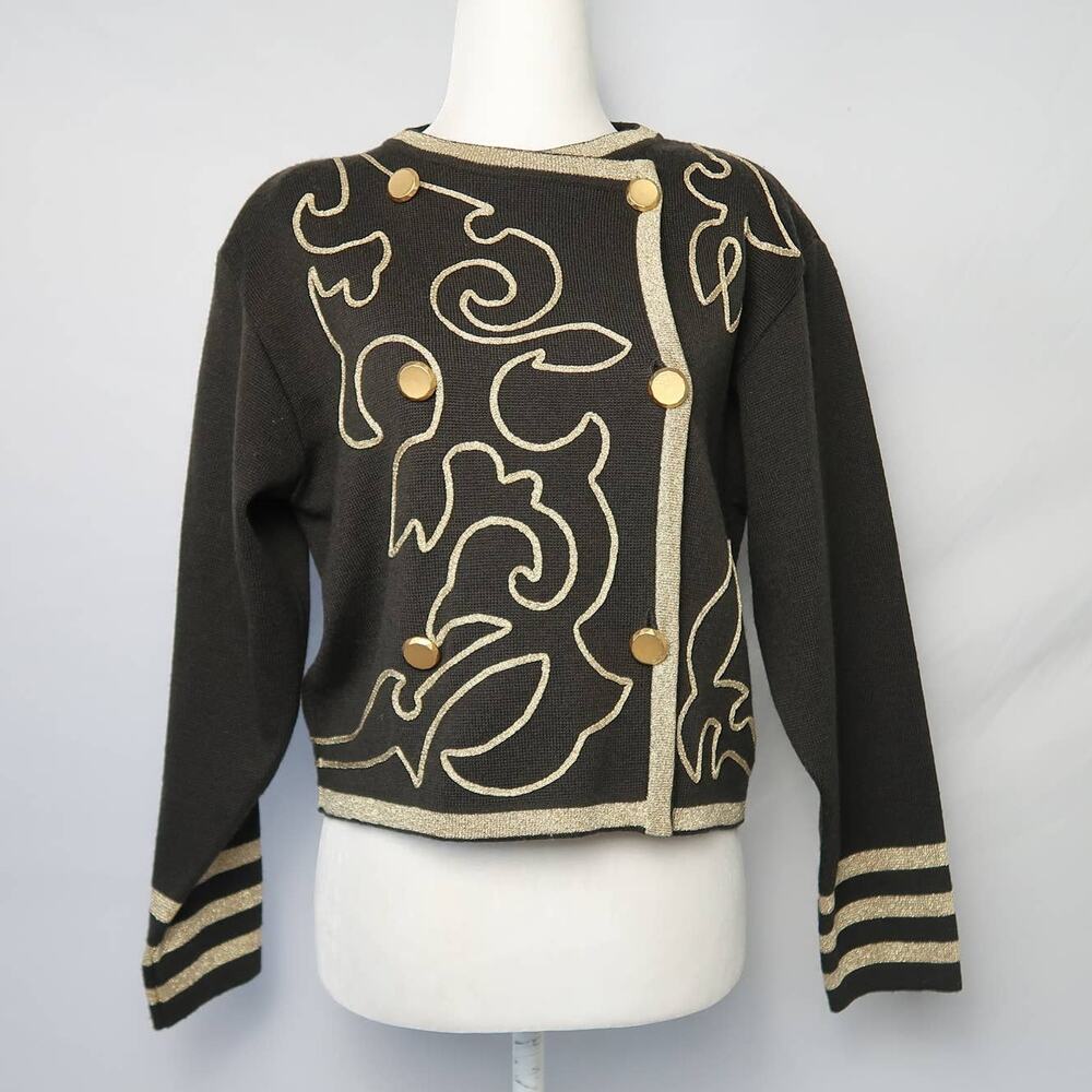 Vintage 80s Classiques black merino wool knit sweater jacket gold trim XS